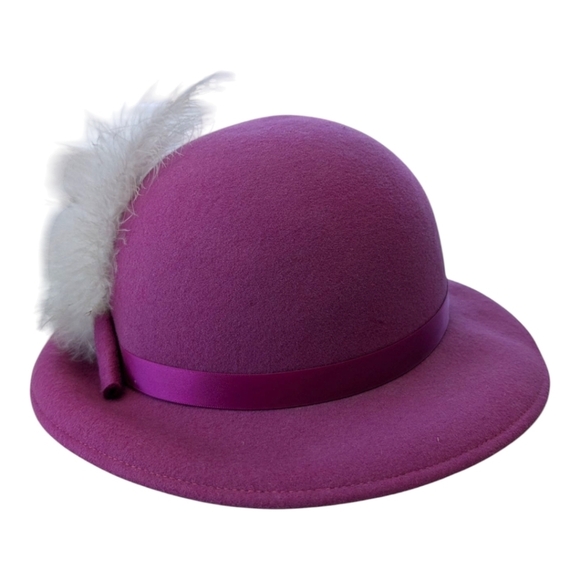 Vintage Bollman Doeskin 100%Wool Felt Hat Fascinator Pink Fuschia Feather Ribbon - Picture 4 of 9